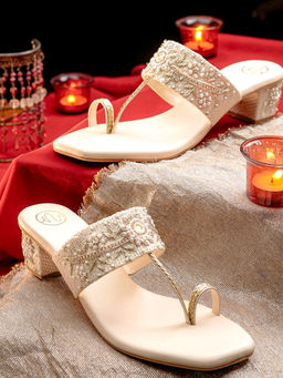 NR by Nidhi Rathi - Womens Cream Ethnic Embellished Sandal Heels