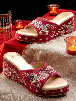 NR by Nidhi Rathi - Womens Red Ethnic Embellished Velvet Wedge Heels