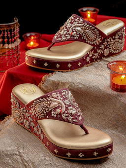 NR by Nidhi Rathi - Womens Maroon Velvet Ethnic Wedge Heels
