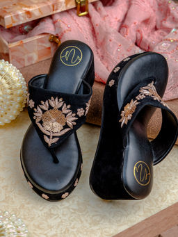 NR by Nidhi Rathi - Womens Black Embellished Velvet Wedge Heels