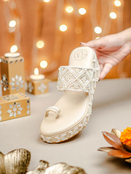 NR by Nidhi Rathi - Womens Beige Embellished Wedge Heels