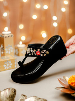 NR by Nidhi Rathi - Womens Black Embellished Ethnic Wedge Heels