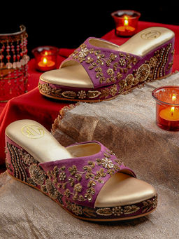 NR by Nidhi Rathi - Womens Purple Embellished Velvet Wedge Heels