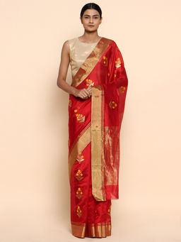 CHOWDHRAIN - Daffodils and Berries Chanderi Silk Saree with Unstitched Blouse Piece