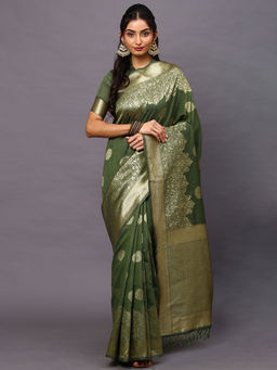 Akhilam - Women's Banarasi Olive Woven Design Woven Saree with Unstitched Blouse