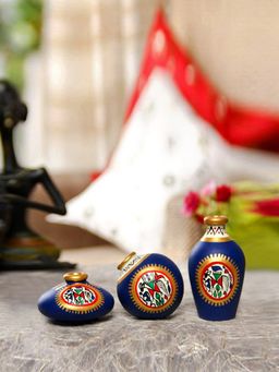 ExclusiveLane - Terracotta Warli Handpainted Miniature Blue Pots (Set Of 3)