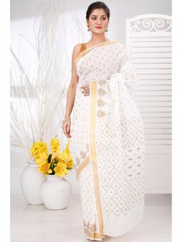 DipDiya - Ekant Women Print White Pure Cotton Bengali Printed Tant Saree without Blouse