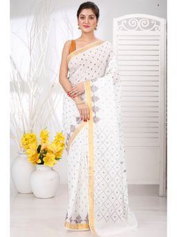 DipDiya - Women Ekant White Pure Cotton Bengali Printed Tant Saree without Blouse