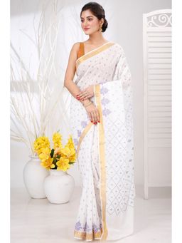 DipDiya - Ekant White Pure Cotton Bengali Printed Tant Saree without Blouse