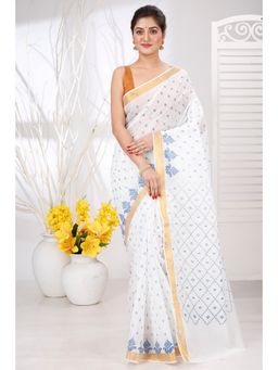 DipDiya - Ekant Women Print White Pure Cotton Bengali Printed Tant Saree without Blouse