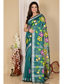 DipDiya - Teal Cotton Blend Saree without Blouse