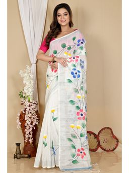 DipDiya - White Cotton Blend Saree without Blouse