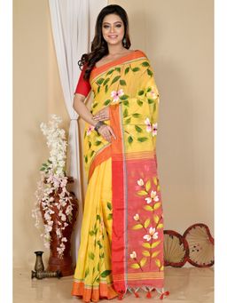 DipDiya - Yellow Cotton Blend Saree without Blouse