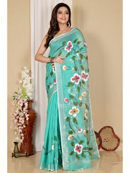 DipDiya - Green Cotton Blend Saree without Blouse
