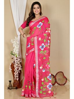 DipDiya - Pink Cotton Blend Saree without Blouse