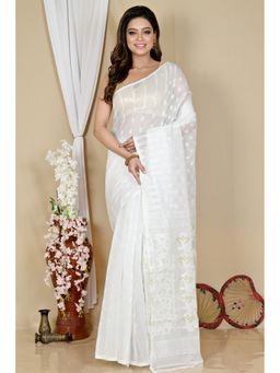 DipDiya - White Cotton Blend Saree with Unstitched Blouse