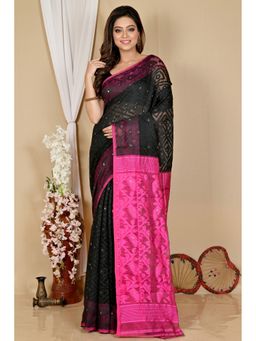 DipDiya - Black Cotton Blend Saree with Unstitched Blouse