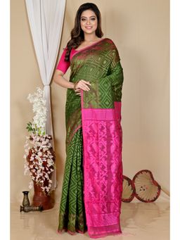 DipDiya - Green Cotton Blend Saree with Unstitched Blouse