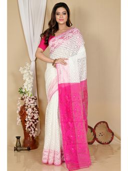 DipDiya - White Cotton Blend Saree with Unstitched Blouse