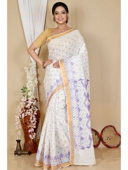 DipDiya - Women Ekant White Cotton Bengali Printed Tant Saree without Blouse