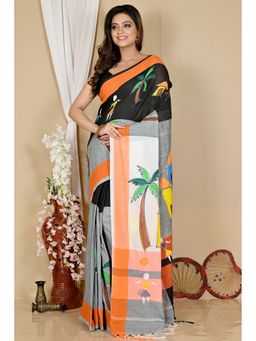 DipDiya - Black Pure Cotton Saree with Unstitched Blouse