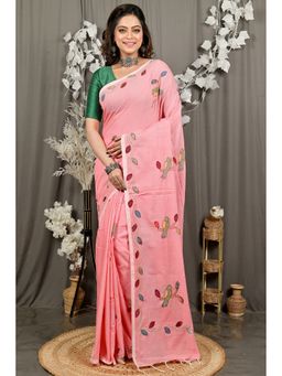 DipDiya - Pink Pure Cotton Saree with Unstitched Blouse