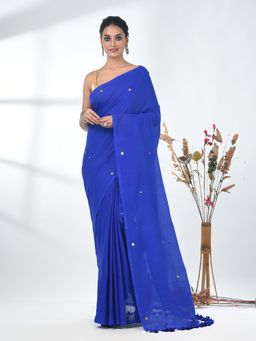 CHARUKRITI - Elegant Blue Cotton Handspun Sequin Embellished Saree with Unstitched Blouse