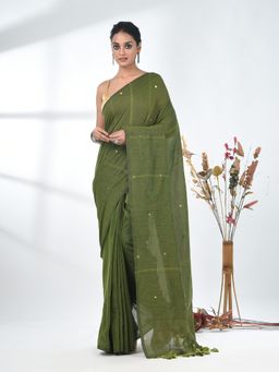 CHARUKRITI - Elegant Sap Green Cotton Handspun Sequin Embellished Saree with Unstitched Blouse