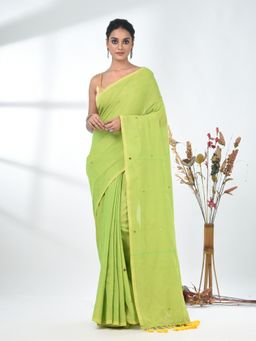 CHARUKRITI - Elegant Lime Green Cotton Handspun Sequin Embellished Saree with Unstitched Blouse