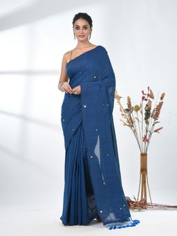 CHARUKRITI - Sapphire Blue Cotton Handspun Sequin Embellished Saree with Unstitched Blouse
