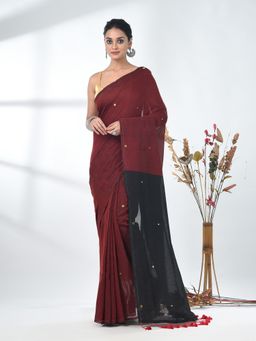 CHARUKRITI - Dark Red Sequin-Detail Plain Saree with Unstitched Blouse