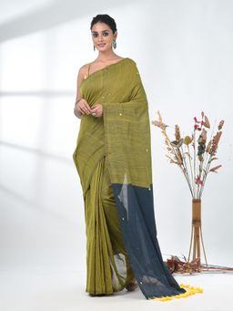 CHARUKRITI - Lime Green Sequin-Detail Plain Saree with Unstitched Blouse