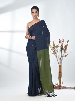 CHARUKRITI - Navy Blue Sequin-Detail Plain Saree with Unstitched Blouse