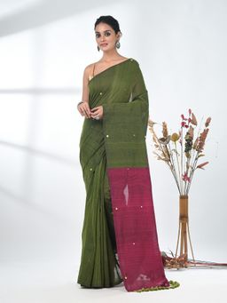CHARUKRITI - Green Sequin-Detail Plain Saree with Unstitched Blouse