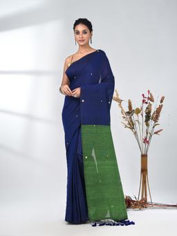 CHARUKRITI - Royal Blue Sequin-Detail Plain Saree with Unstitched Blouse