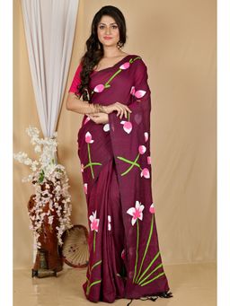 DipDiya - Maroon Pure Cotton Saree with Unstitched Blouse