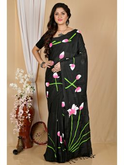 DipDiya - Black Pure Cotton Saree with Unstitched Blouse