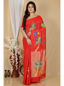 DipDiya - Red Pure Cotton Saree with Unstitched Blouse