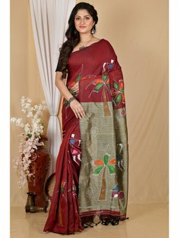 DipDiya - Maroon Pure Cotton Saree with Unstitched Blouse