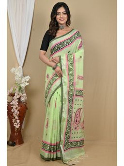 DipDiya - Green Pure Cotton Saree with Unstitched Blouse