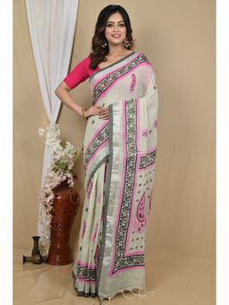 DipDiya - White Pure Cotton Saree with Unstitched Blouse