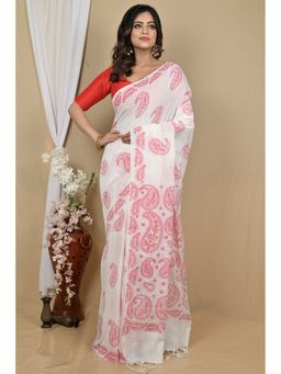 DipDiya - White Pure Cotton Saree with Unstitched Blouse