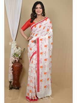 DipDiya - White Pure Cotton Saree with Unstitched Blouse
