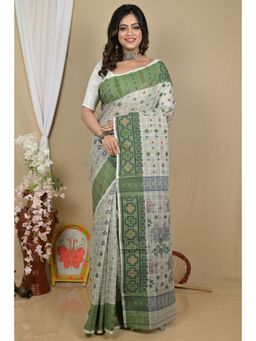 DipDiya - Ginni Green Pure Cotton Traditional Bengali Jamdani Saree without Blouse