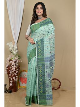 DipDiya - Ginni See Green Pure Cotton Traditional Bengali Jamdani Saree without Blouse