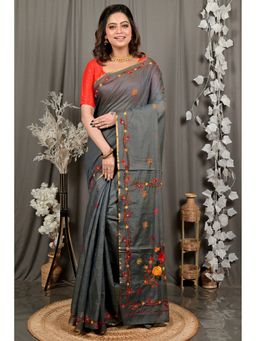 DipDiya - Devui Dark Grey Pure Cotton Bengali Kantha Stitch Saree with Unstitched Blouse