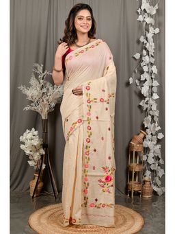 DipDiya - Devui Cream Pure Cotton Bengali Kantha Stitch Saree with Unstitched Blouse