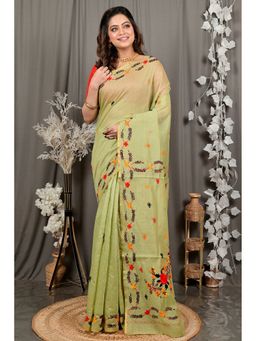 DipDiya - Devui Lime Green Pure Cotton Bengali Kantha Stitch Saree with Unstitched Blouse