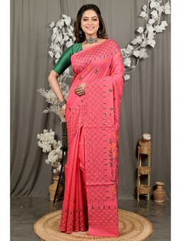 DipDiya - Dharai Dark Pink Cotton Blend Bengali Kantha Stitch Saree with Unstitched Blouse