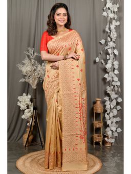 DipDiya - Dharai Gold Cotton Blend Bengali Kantha Stitch Saree with Unstitched Blouse